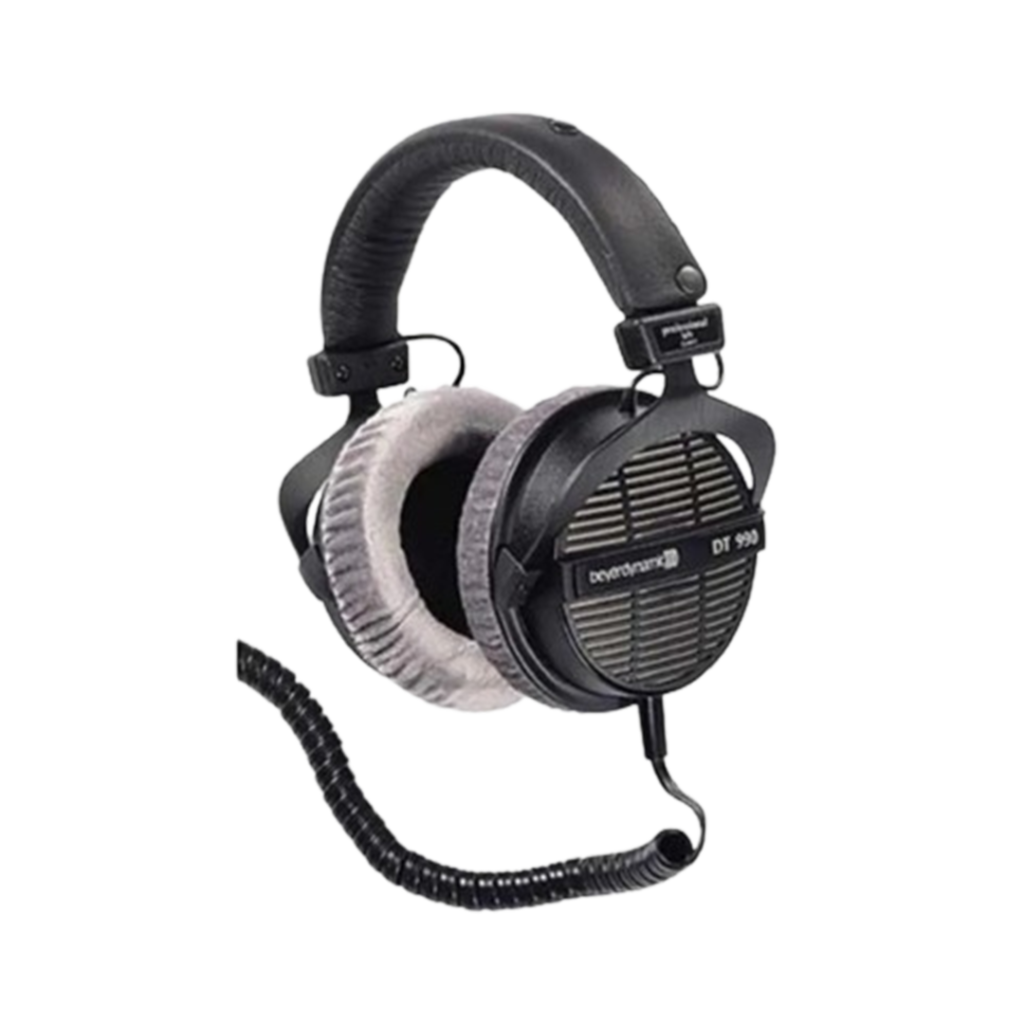 Beyerdynamic DT 990 PRO headphones are featured, emphasizing their open-back design suited for detailed sound mixing.