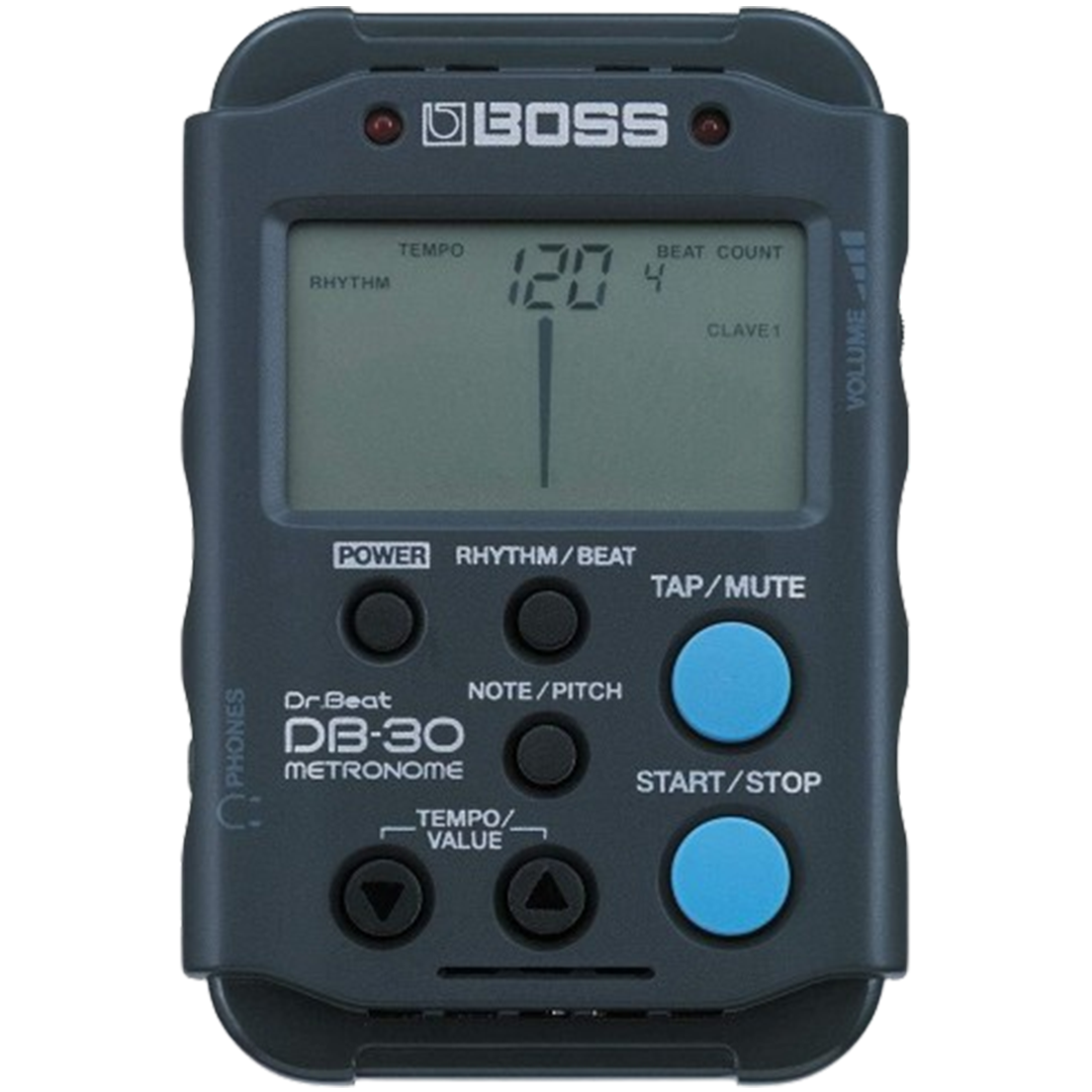 Displaying the Boss DB-30 metronome, recognized as a top metronome choice for drummers with its versatile rhythm patterns and portability.