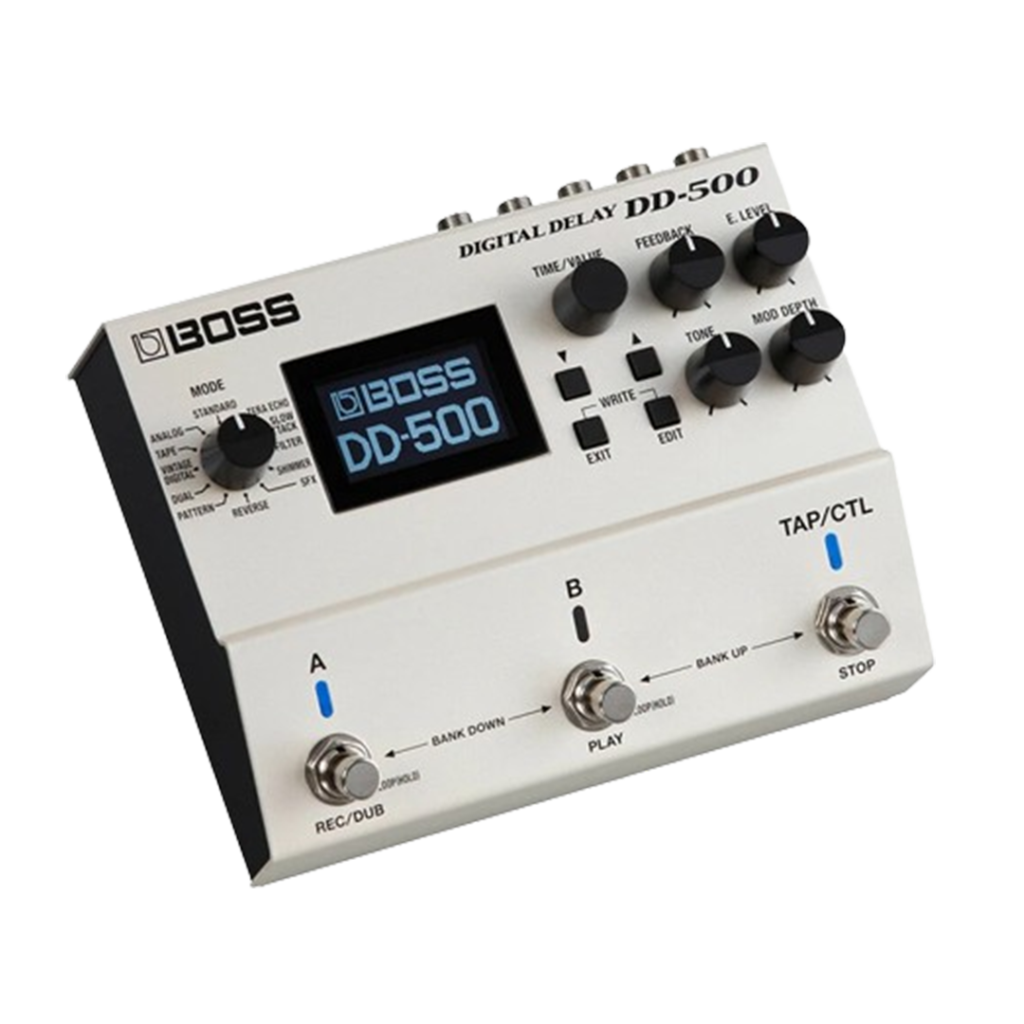 The Boss DD-500 Digital Delay pedal displayed, known as one of the pedals, offers versatile delay options for musicians.