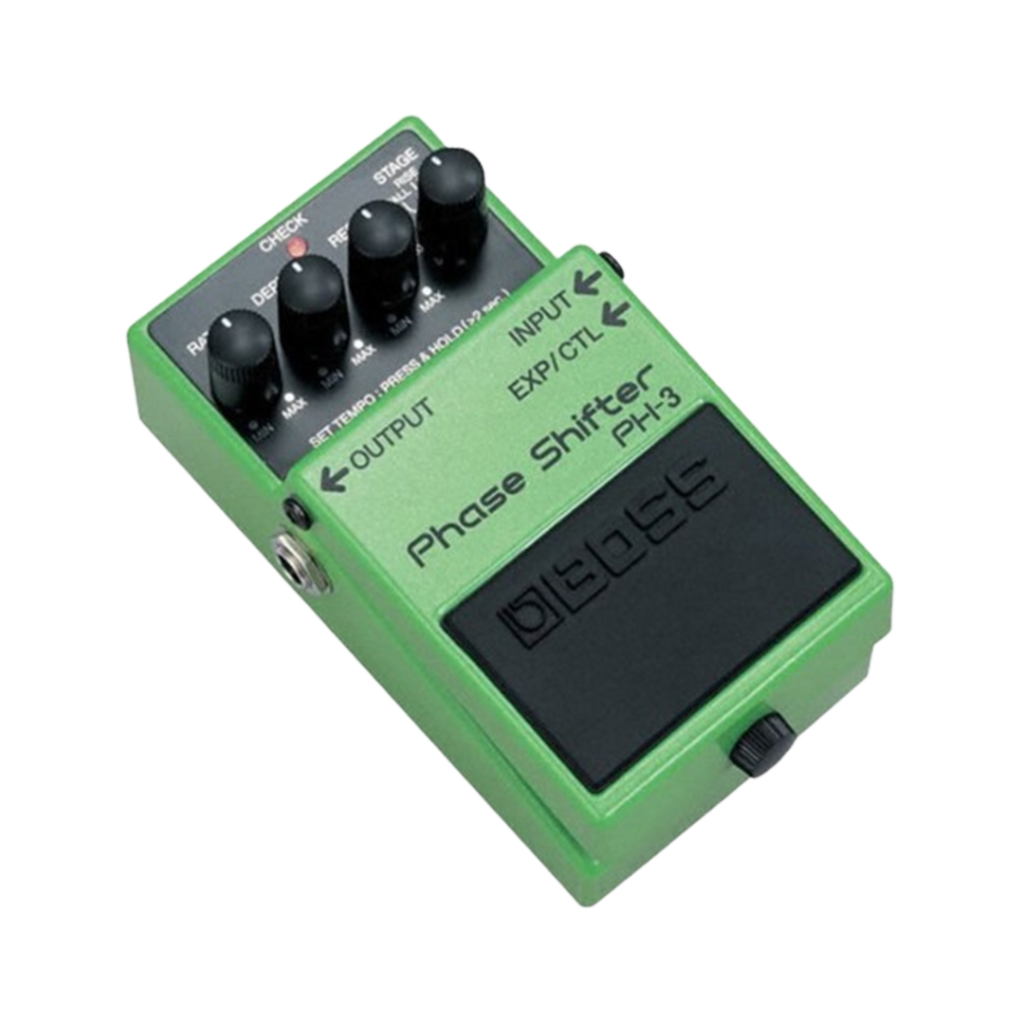 The BOSS PH-3 Phase Shifter pedal in green, recognized for its versatility and precision, is a top contender for the phaser pedal among musicians.