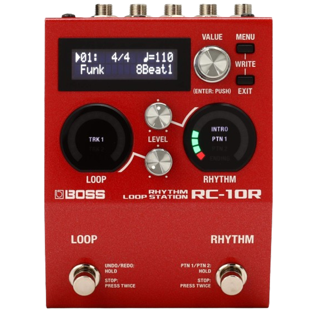 The Boss RC-10R Rhythm looping pedal, highlighting its dual displays for loop and rhythm creation, perfect for musicians who need control and variety.