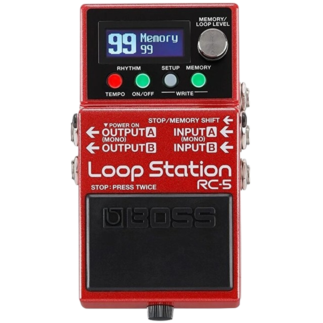 The Boss RC-5 Loop Station looping pedal on a white background showcasing its digital display and control buttons for seamless looping experiences.
