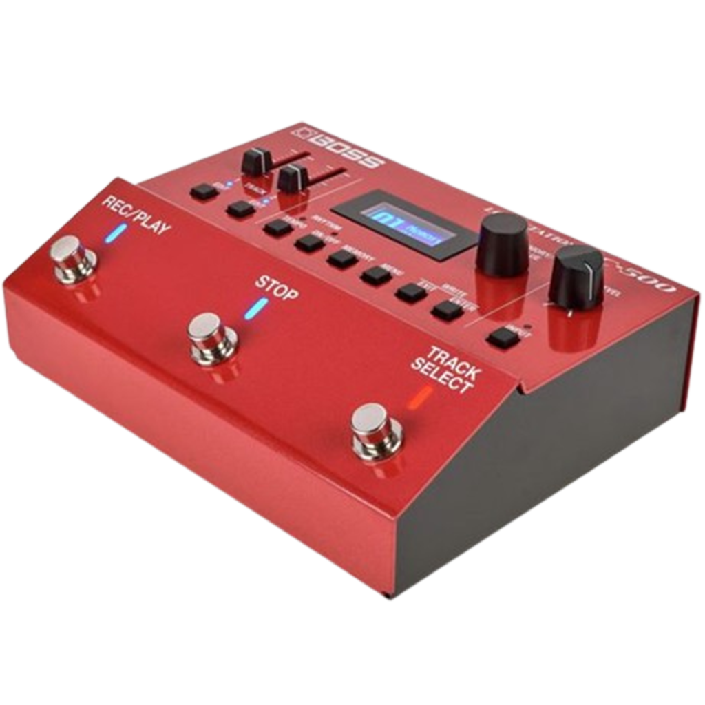 The Boss RC-500 looping pedal seen from an angle, emphasizing its extensive controls for multi-track looping and advanced sound customization.