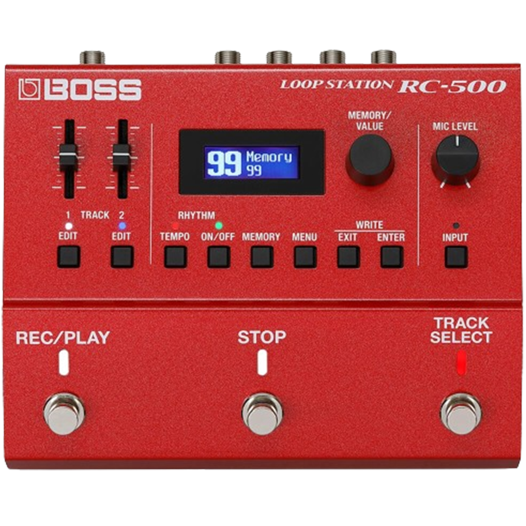 The Boss RC-500 looping pedal displayed from the top, featuring dual track looping and integrated rhythm patterns for complex musical arrangements.
