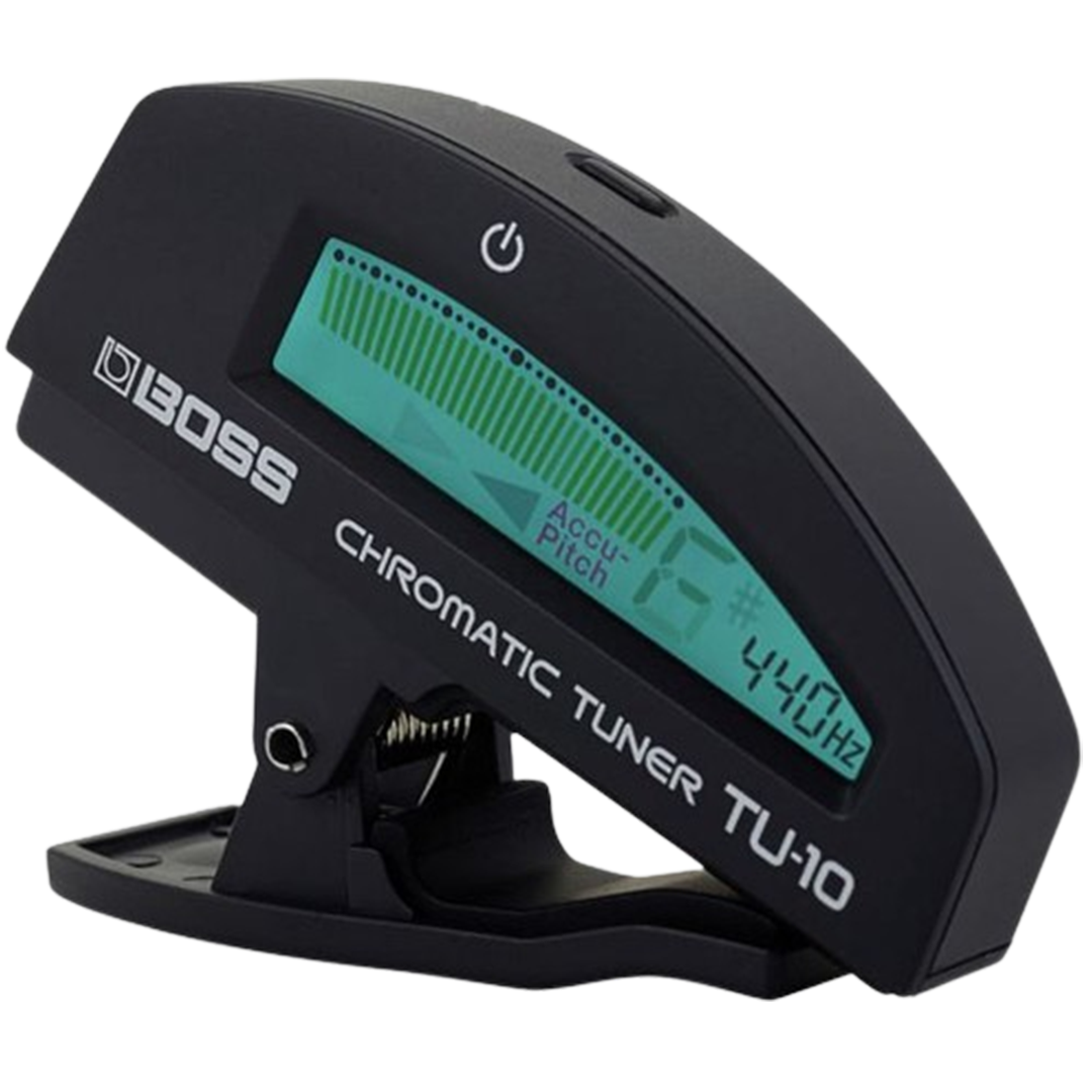 The black version of the BOSS TU-10 Clip-On Guitar Tuner showcases its high-contrast display, perfect for guitar players in search of the best clip-on guitar tuner that combines functionality with a classic look.