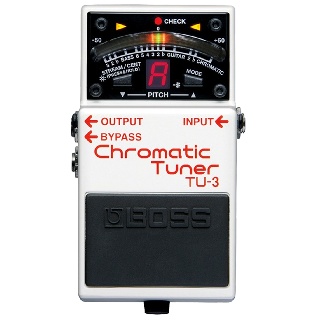 Close-up of the BOSS TU-3 Chromatic Tuner displaying its bright LED meter, a contender for the best guitar tuner pedal on the market.