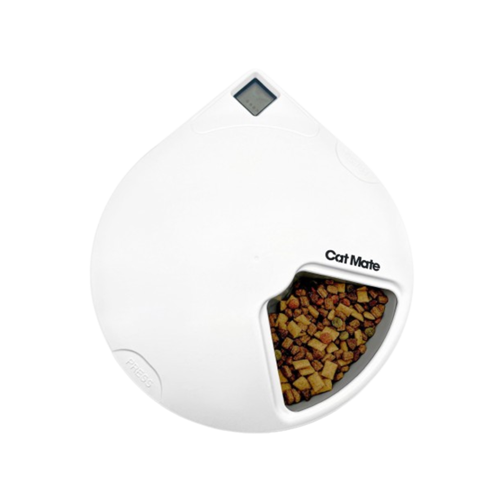 This is the Cat Mate 5-Meal Automatic Pet Feeder, one of the best automatic pet feeders available, featuring a white, circular design with a digital timer display.