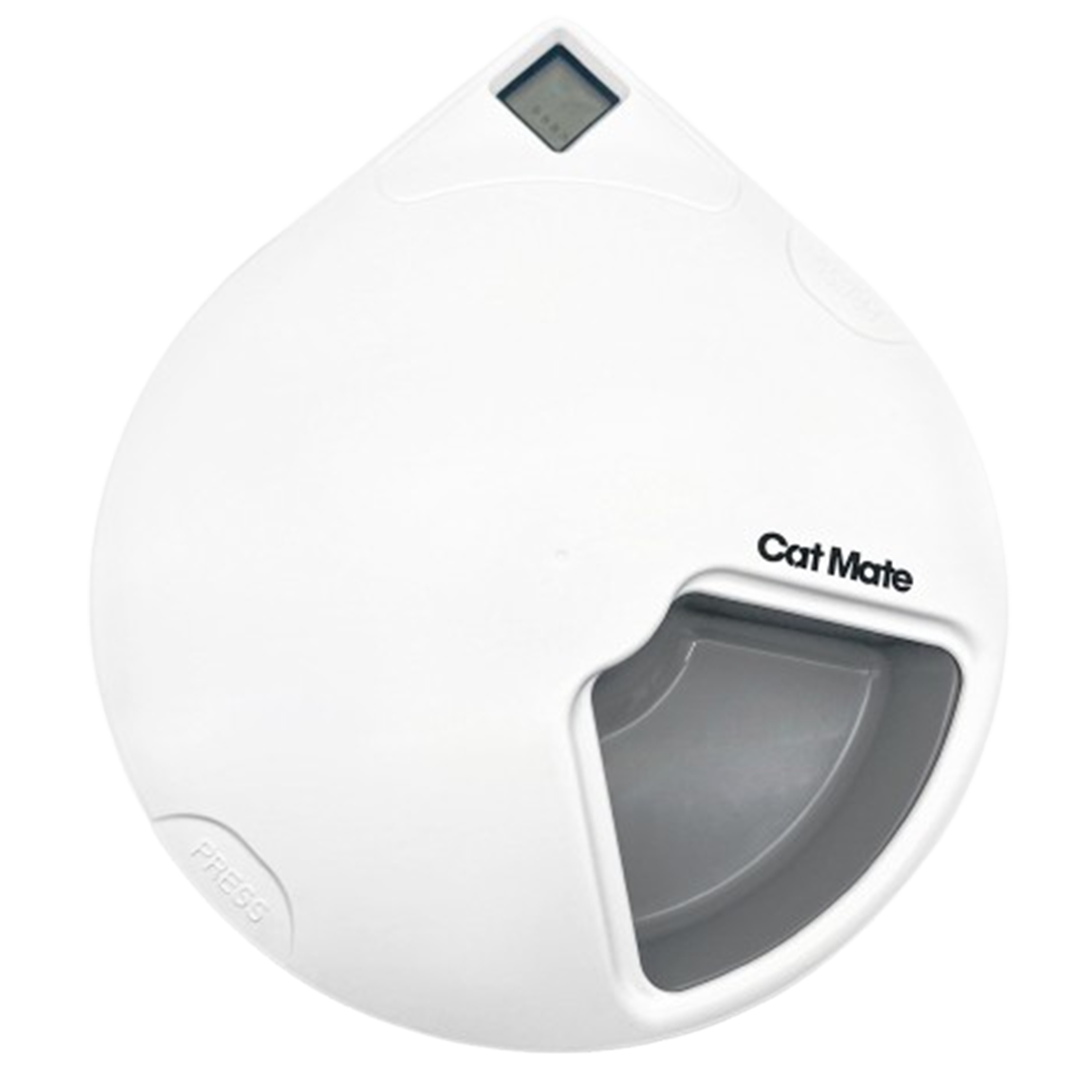 The Cat Mate 5-Meal Dog & Cat Feeder, one of the best automatic pet feeders, featuring a digital timer and a white compartmentalized design for portion control.