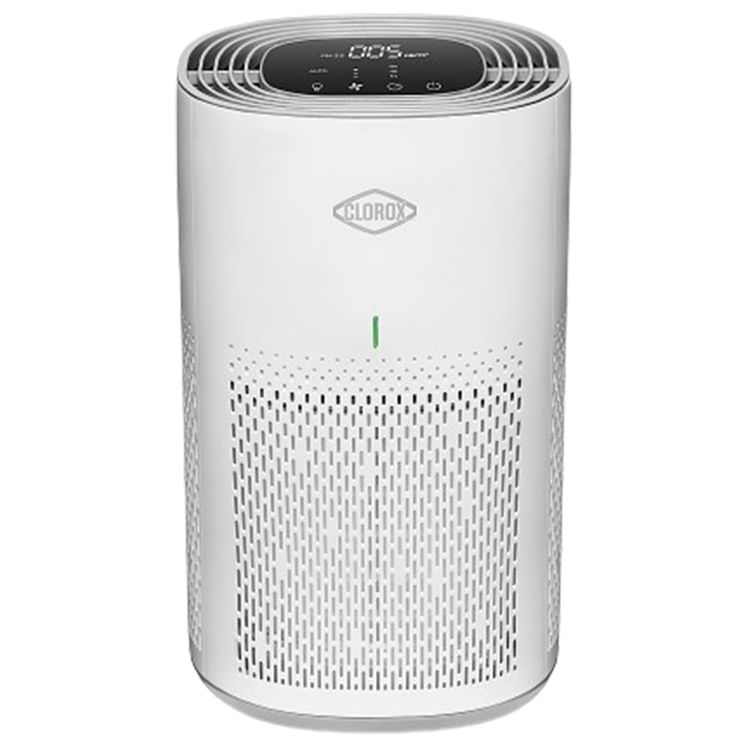 This image features the Clorox Medium Room True HEPA Air Purifier, a top choice for air purifier, with its distinctive white cylindrical design and green LED indicator.