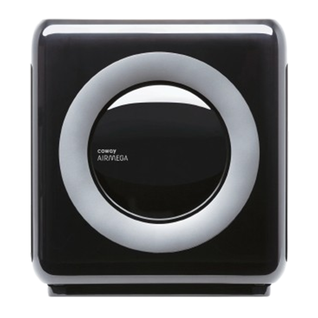 The Coway Airmega AP-1512HH Mighty, esteemed as a air purifier, features a unique design with a black top and a circular white pre-filter panel.