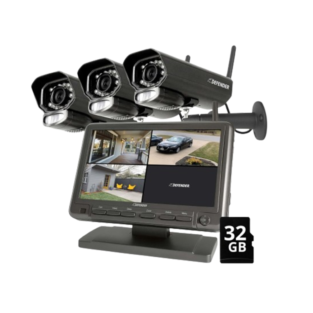 Defender PhoenixM2 wireless security camera system with a monitor and four cameras, offering robust surveillance solutions for businesses.