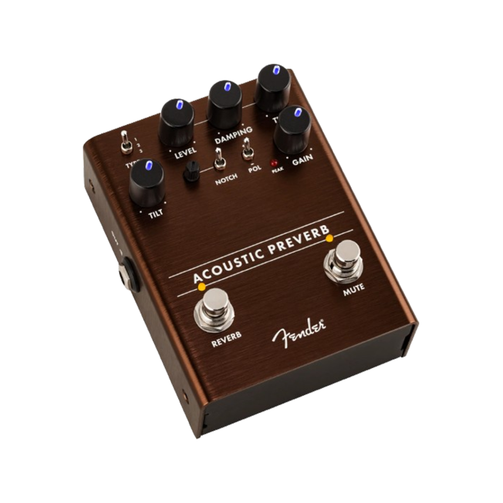 The Fender Acoustic Preverb, considered one of the pedals, provides rich reverb effects for a natural acoustic sound.