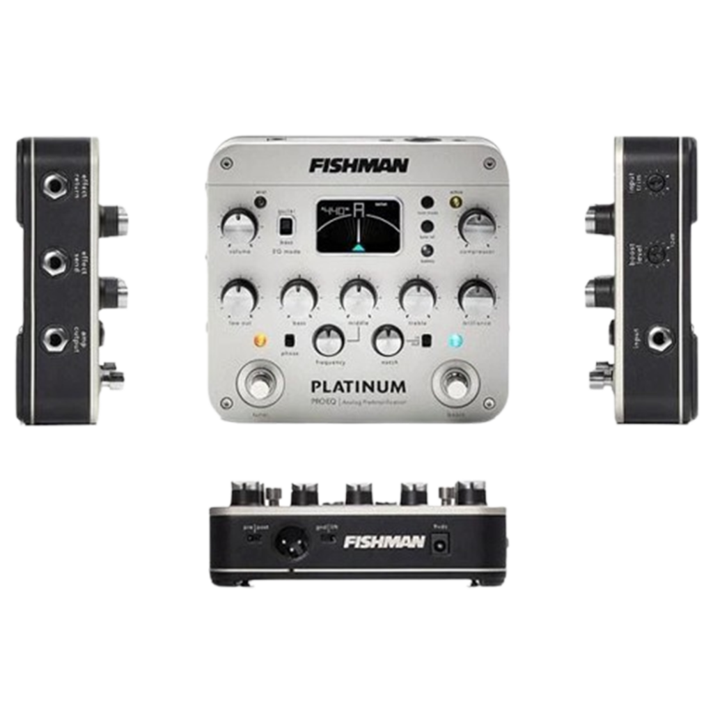 Angled view of the Fishman Platinum Pro EQ DI box, highlighting its comprehensive control layout for bassists seeking refined sound shaping.