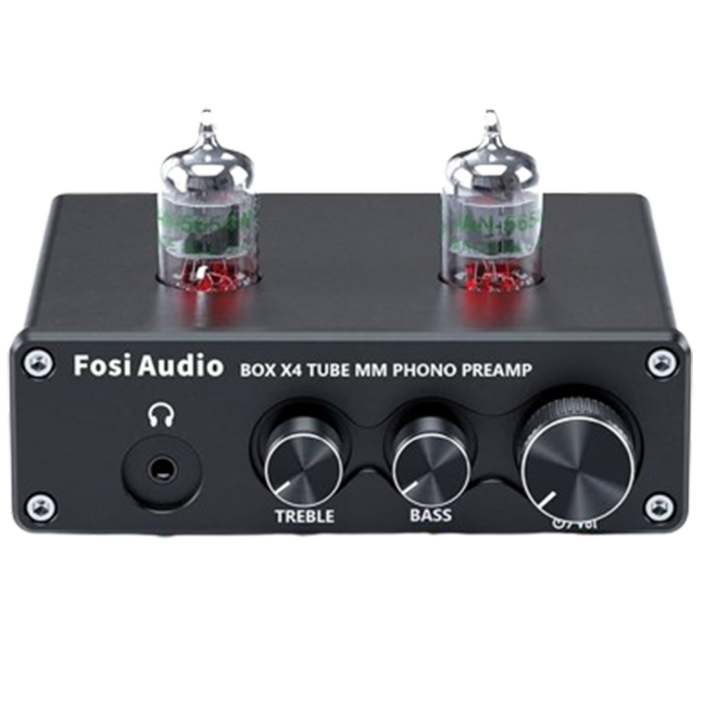 The sleek Fosi Audio Box X4 with visible vacuum tubes combines modern aesthetics with vintage sound, making it a prime choice for the best tube phono preamp.