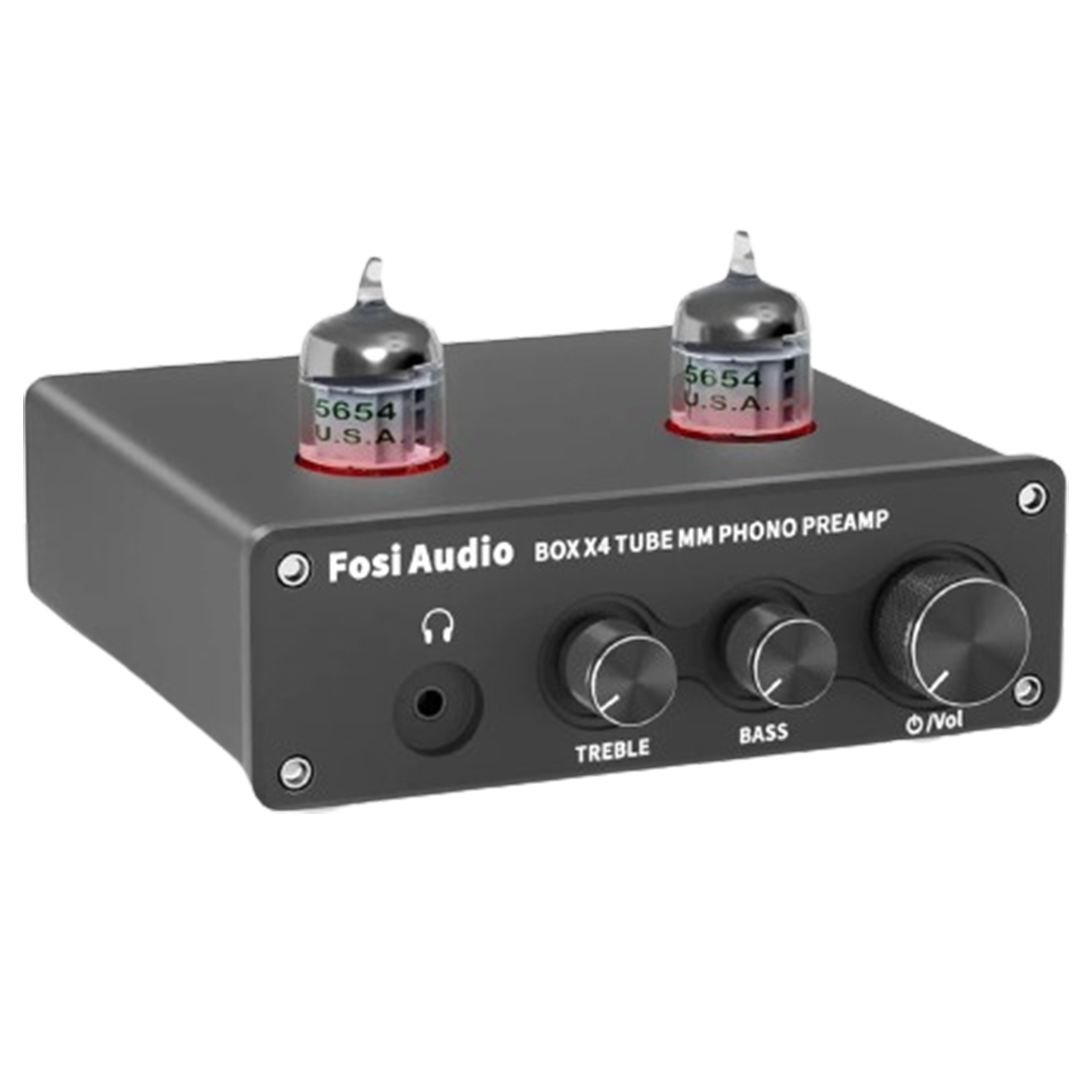 The Fosi Audio Box X4 tube phono preamp, recognized for its clear tube glow and audio purity, is acclaimed as one of the best tube phono preamps for vinyl playback fidelity.