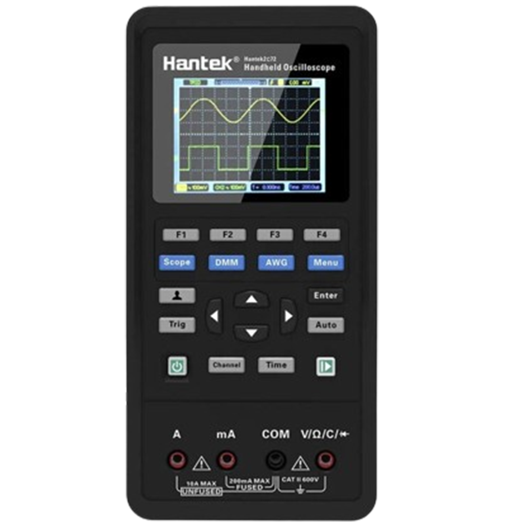 Displaying the Hantek 2C72, the oscilloscope users looking for a compact solution with multiple functions.