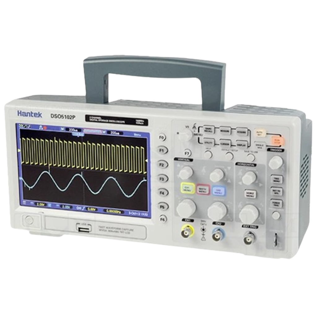 Hantek DSO5102P oscilloscope with its large screen, perfect for new users requiring detailed waveform analysis.