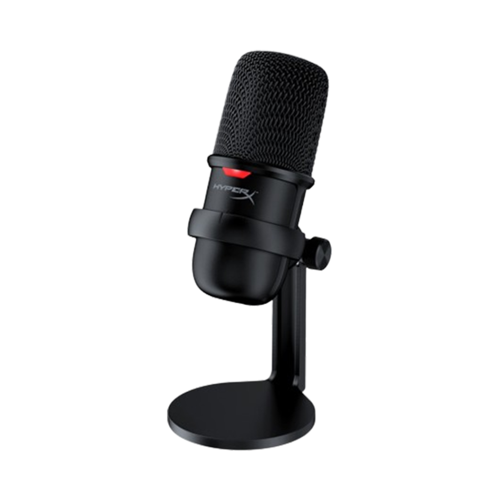 The HyperX SoloCast is featured as one of the best USB microphones for vocals, showcasing its sleek black design suitable for professional recording.
