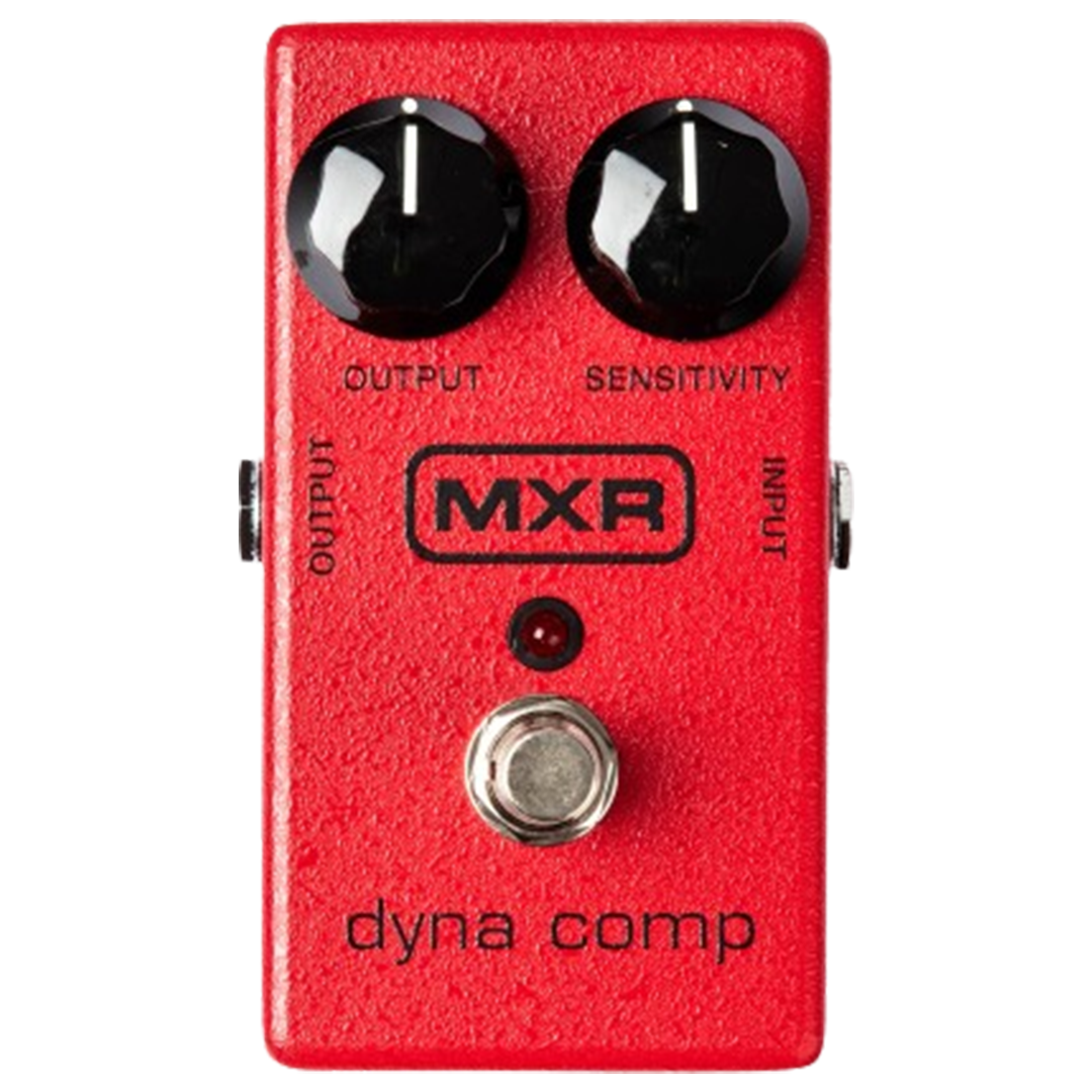 The MXR Dyna Comp pedal, in its classic red housing, is esteemed as one of the best pedal compressors for bass, with simple yet effective output and sensitivity controls.