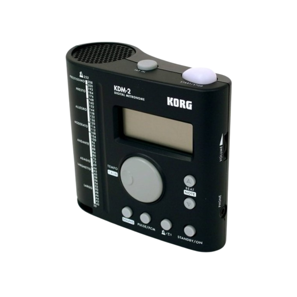 The Korg KDM-2 True Tone Advanced Digital Metronome, featuring a cylindrical resonator speaker, is favored as one of the best metronomes for drummers for its true tone and clarity.