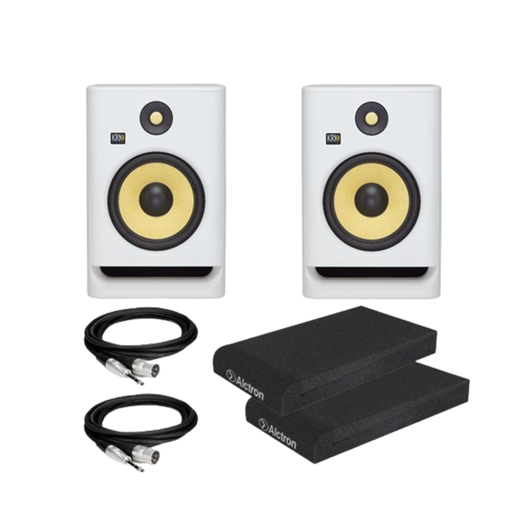 KRK RP5 studio monitors stand out as one of the studio monitors for their iconic yellow cones and detailed sound reproduction, perfect for music production and mixing.