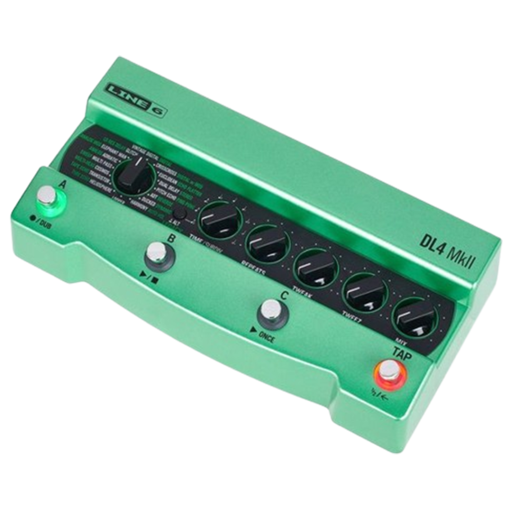 The Line 6 DL4 MkII looping pedal angled view, merging high-fidelity delay models with robust looping features for experimental and traditional musicians alike.