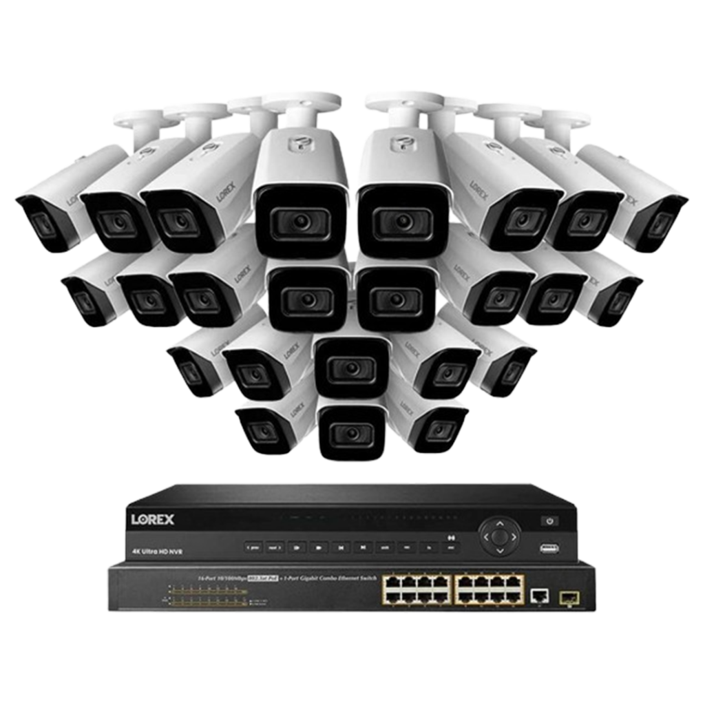 Lorex 32-channel Nocturnal NVR system with numerous cameras for extensive coverage, ideal for commercial security requiring high-definition recording.