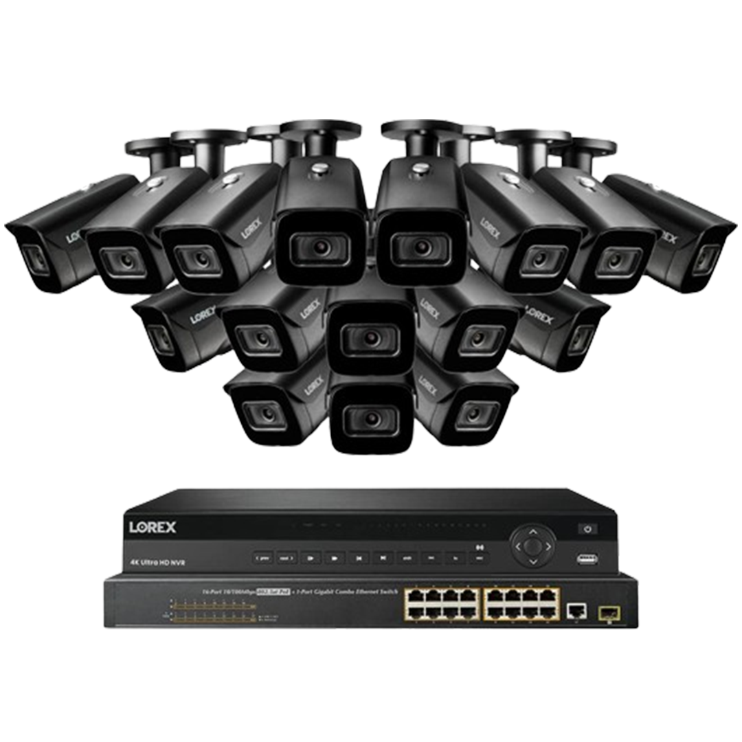 The extensive Lorex 32-Channel Nocturnal NVR system with multiple cameras provides wide coverage, perfect for commercial security with high-definition recording needs.