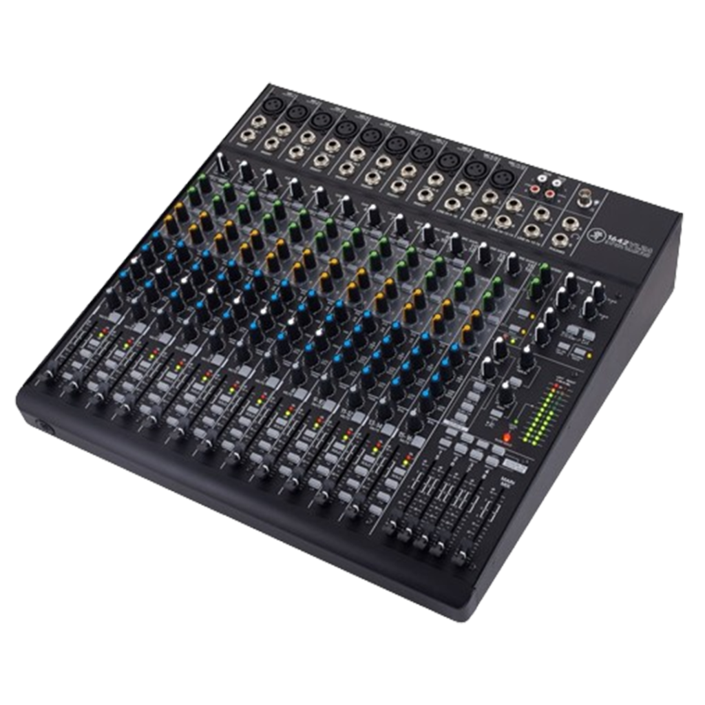 An angled view of the Mackie VLZ4 1642 mixer, highlighting its precision sliders and dials for audio enthusiasts searching for the mixers.