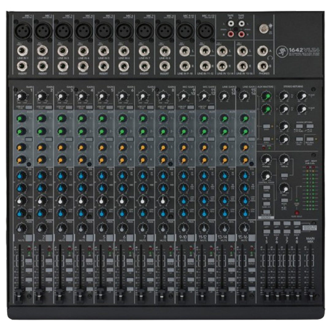 The Mackie VLZ4 1642 mixer, captured from above, features a robust build and extensive controls, making it one of the mixers for audio professionals.