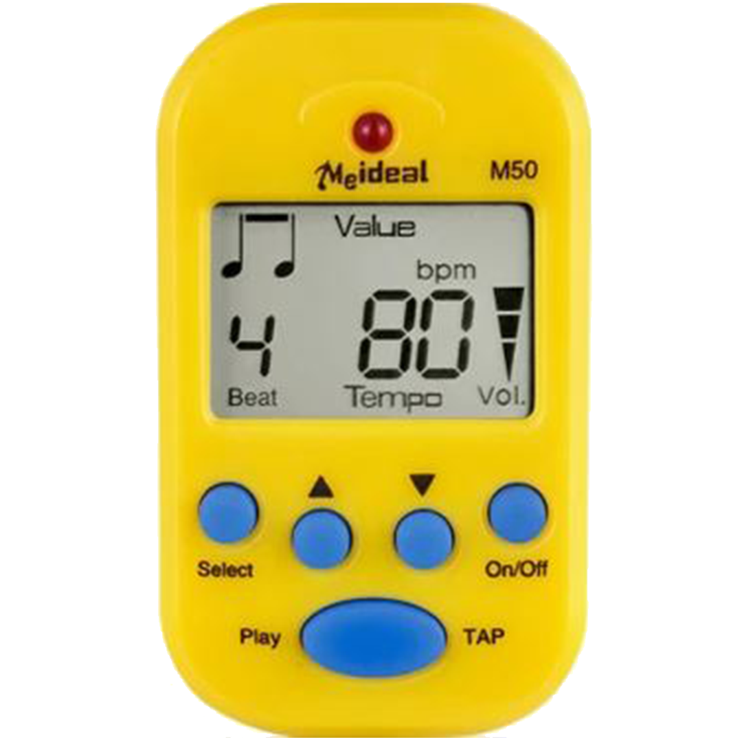 The vibrant yellow Meideal M50 metronome shines as a best metronome for drummers, offering clear visual tempo cues and a simple interface.