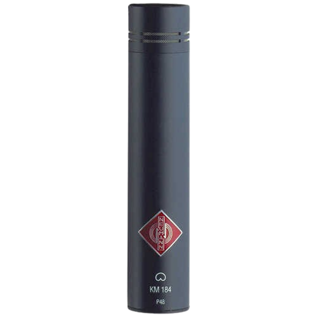 The renowned KM 184 microphone from Neumann, widely acclaimed as the best mic for acoustic guitars, with its slim profile and classic grille design.