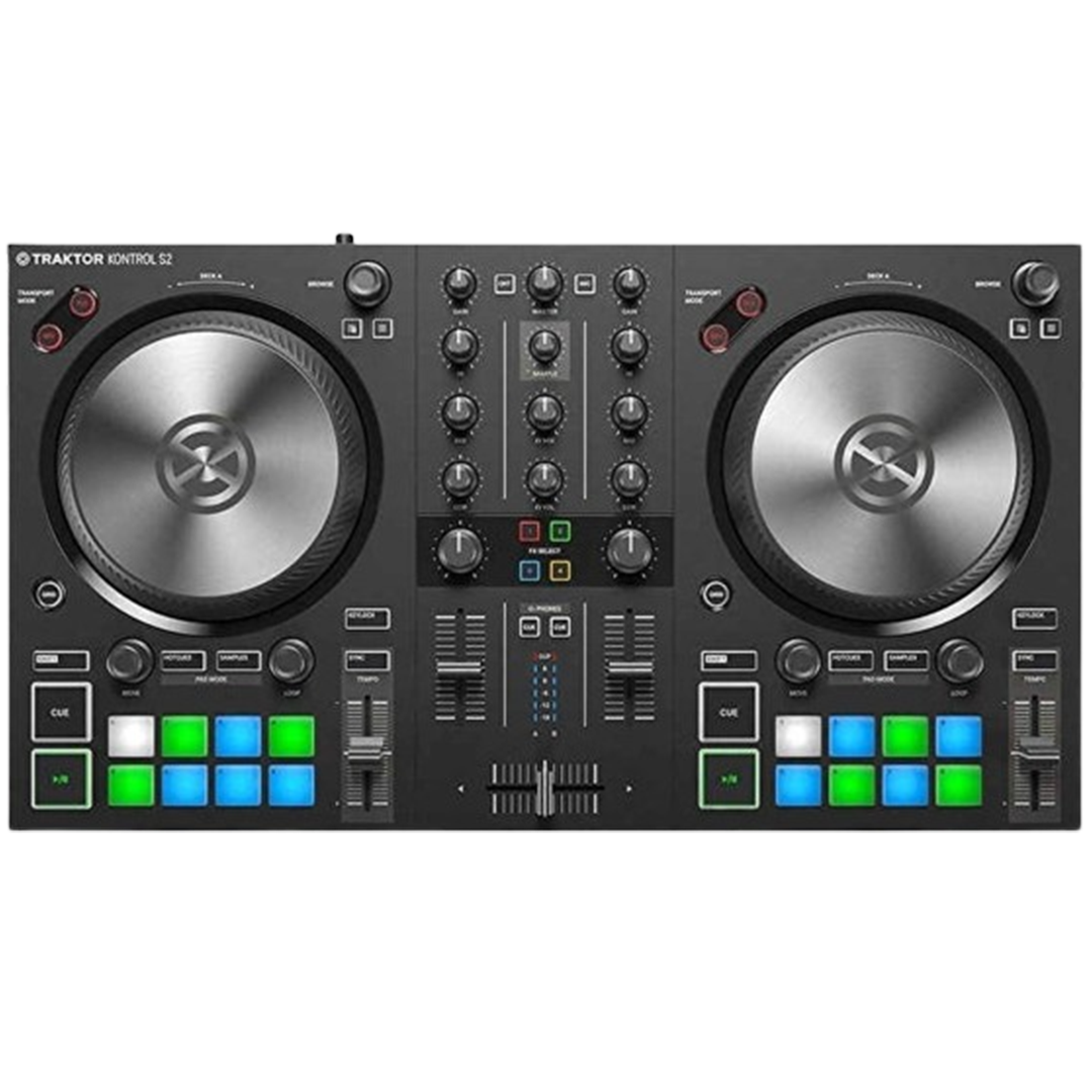 Close-up of the DJ controller, the Native Instruments Traktor Kontrol S2 MK3, perfect for new DJs.