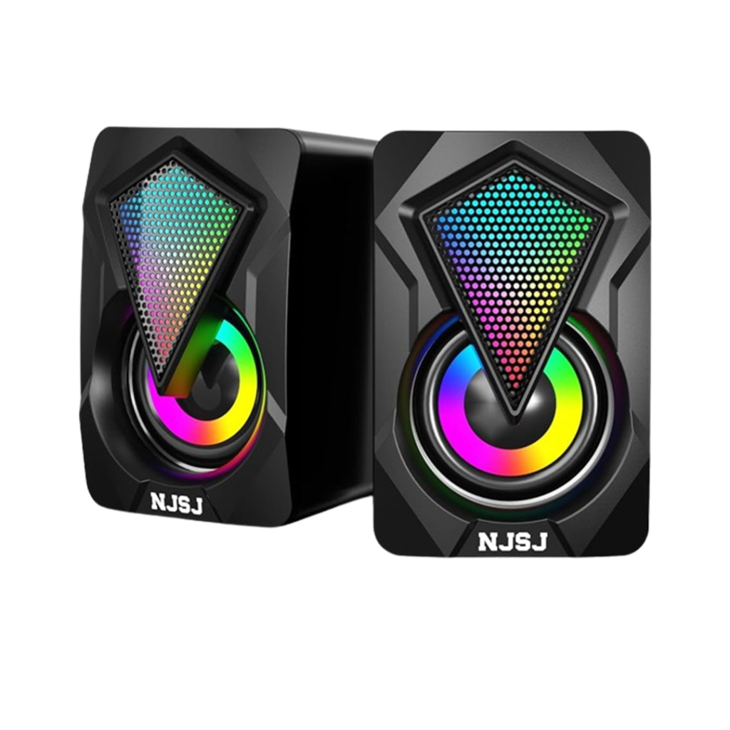 NJJS projector speakers featuring vibrant RGB lighting, combining visual appeal with high-quality sound, suitable for the best speakers for a projector setup.