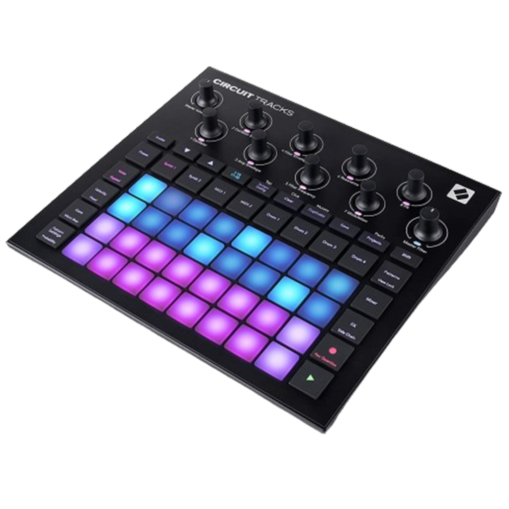 The Novation Circuit Tracks stands as the drum machine, offering a grid-based intuitive interface for seamless beat production.