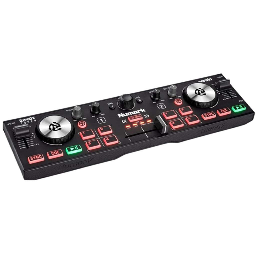 Numark DJ2GO2, one of the DJ controllers, displayed in a side view highlighting its portability.