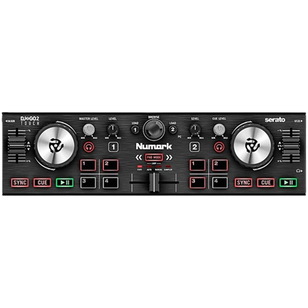 Frontal view of the Numark DJ2GO2, a great DJ controller for music enthusiasts on the go.