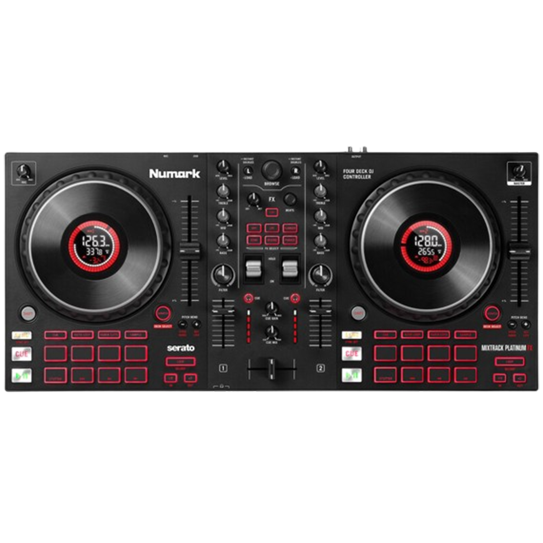Direct view of the Numark Mixtrack Platinum FX, a top DJ controller for beginners looking to improve.