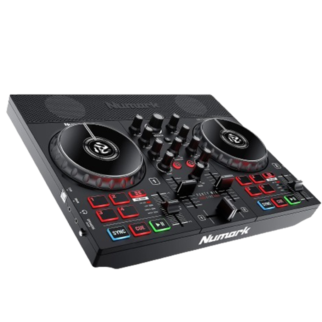 Angled perspective of Numark Party Mix II, the DJ controller with built-in light show for instant parties.