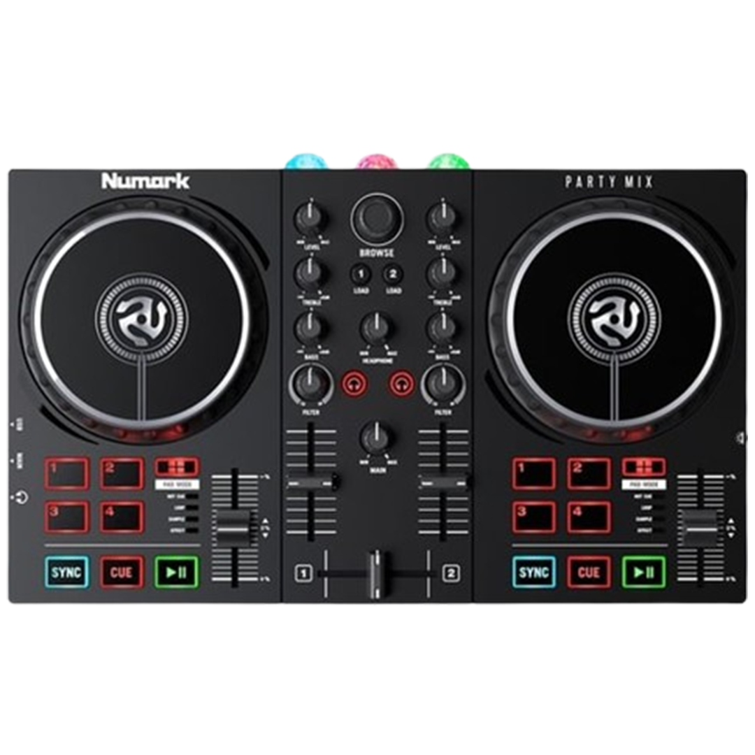 Frontal view showcasing the Numark Party Mix II, a fun and easy-to-use DJ controller for party enthusiasts.