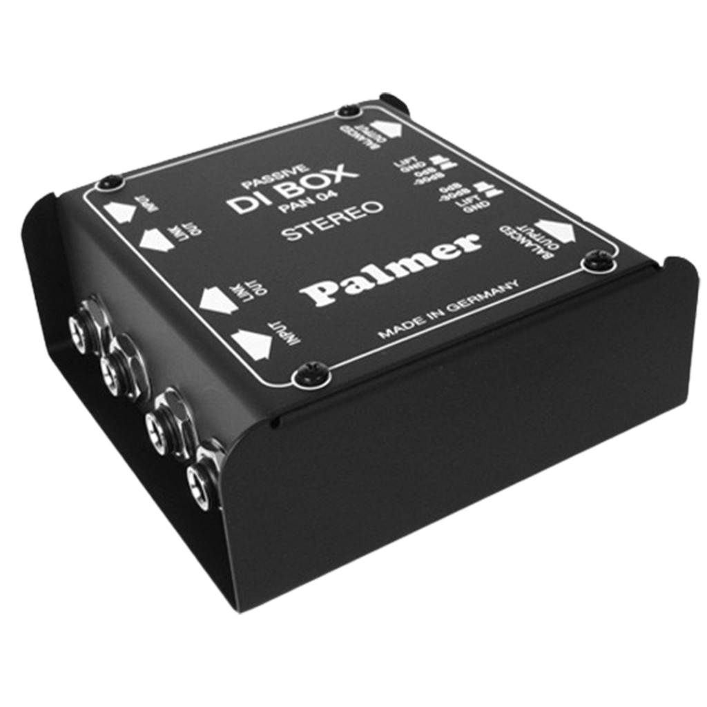 Perspective view of the Palmer PAN 04 passive DI box, showcasing its stereo input and output configuration for bass guitarists.