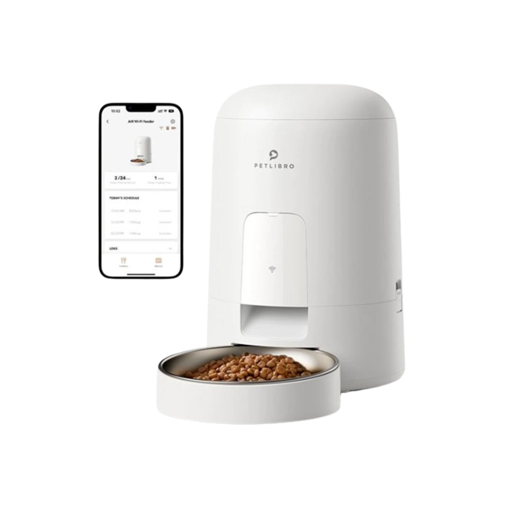 The Petlibro Air Automatic Pet Feeder ranks among the best automatic pet feeders, with a sleek white, tower-like design and a smartphone for smart feeding control.