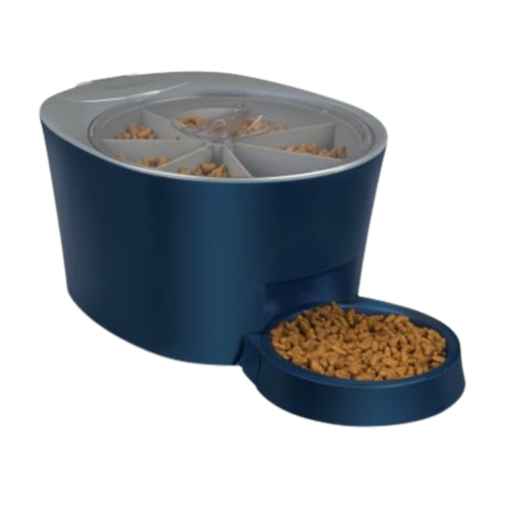 The PetSafe Six-Meal Automatic Pet Feeder, in a striking blue, is a leading choice among the best automatic pet feeders, offering six individual meals for your pet's schedule.