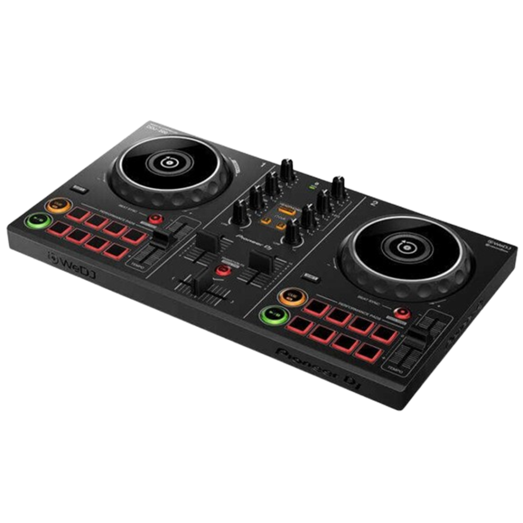 The Pioneer DJ DDJ-200, DJ controller, shown in a sleek angled view, perfect for beginners.