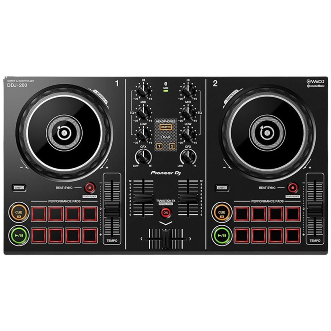 Top view of the Pioneer DJ DDJ-200, showcasing its features as the DJ controller for newcomers.