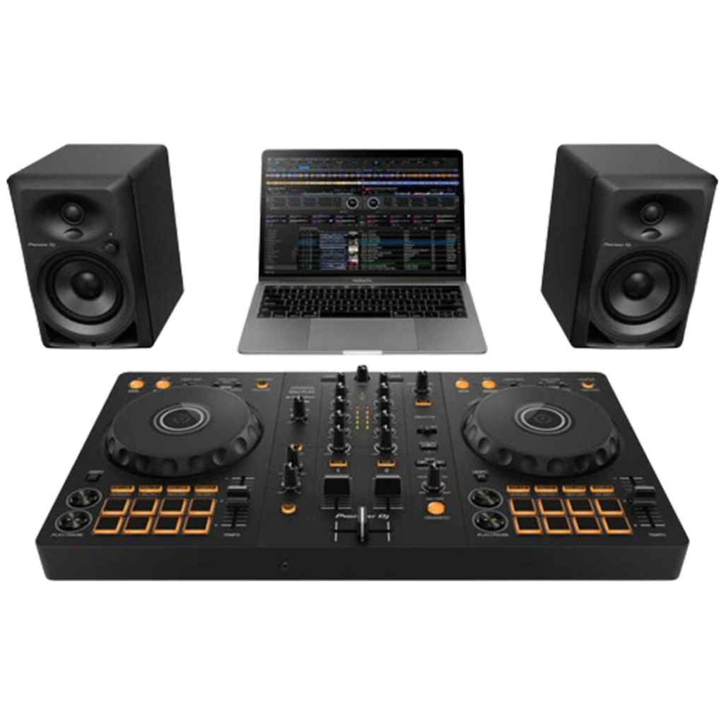 The Pioneer DJ DDJ-FLX4, a versatile DJ controller, displayed with a laptop and speakers for a complete setup.