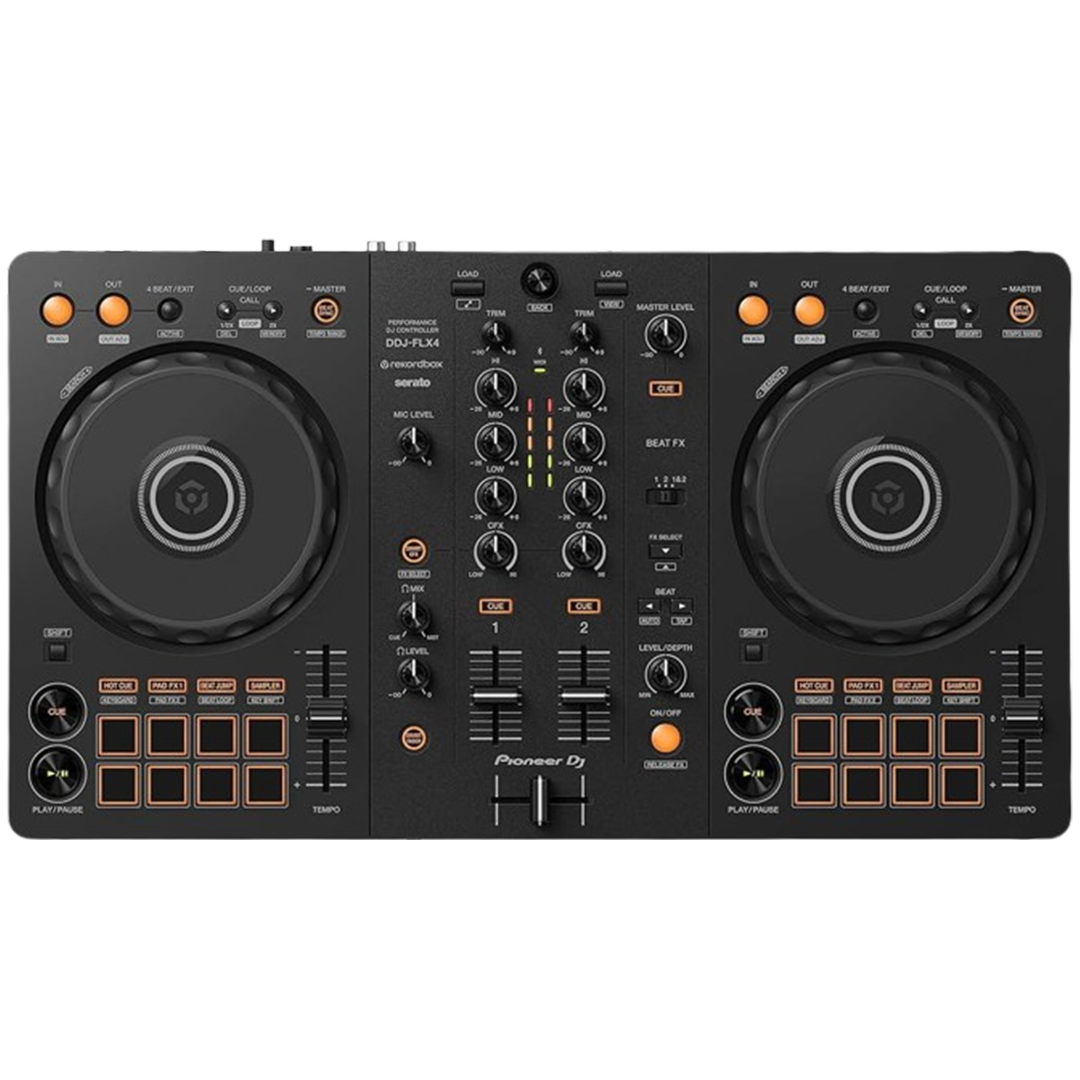 Front view of the Pioneer DJ DDJ-FLX4, an all-in-one DJ controller for those starting their DJ journey.