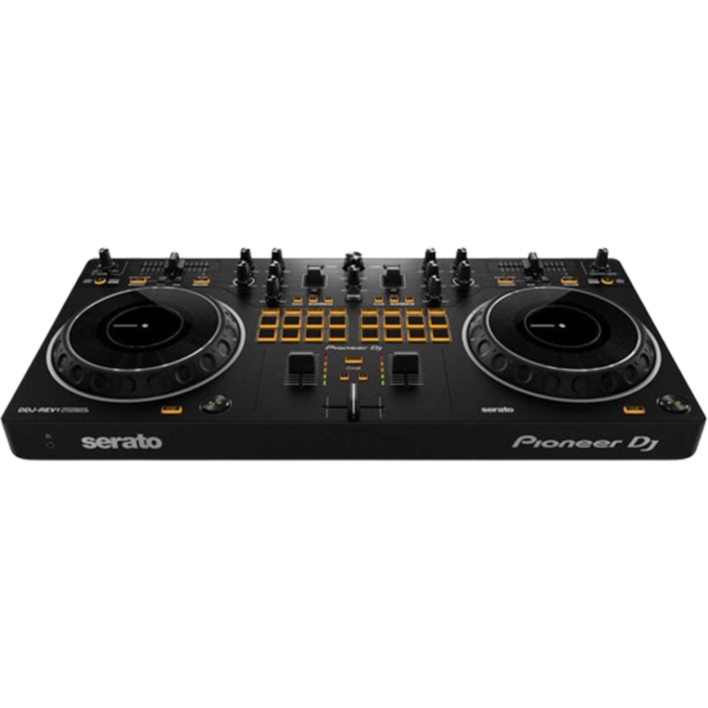 Angled perspective of the Pioneer DJ DDJ-REV1, a DJ controller with a focus on scratching techniques.