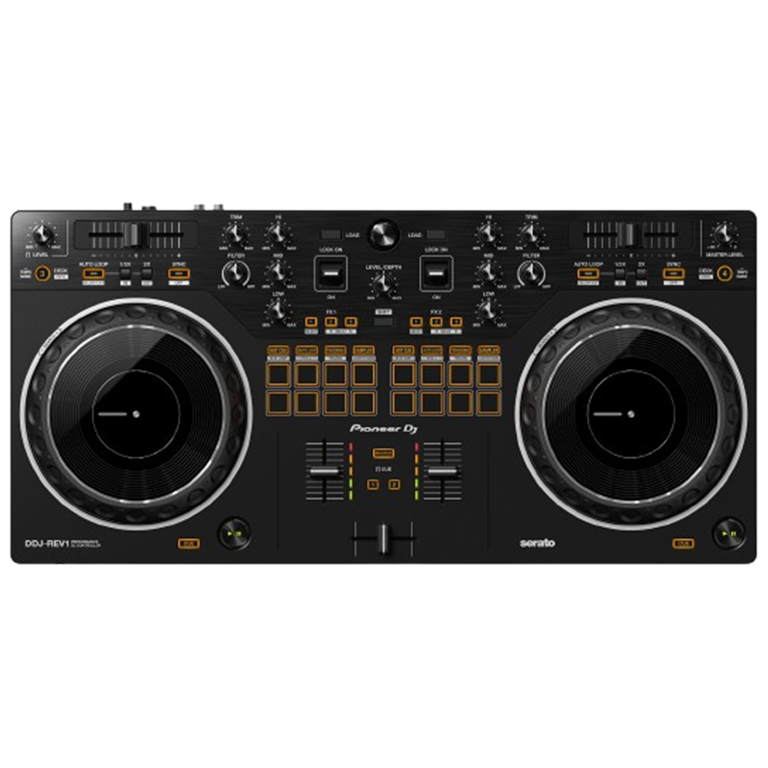 Direct view of the Pioneer DJ DDJ-REV1, the DJ controller for those who want to rev up their performance.