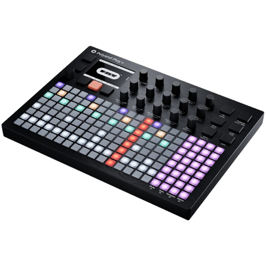 Polyend Play+ sampler, a modern tool for producers and performers, with a vast matrix of touch-sensitive pads for expressive sample manipulation.